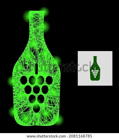 Majestic net mesh wine bottle with light spots on a black background. Illuminated vector mesh is based on wine bottle picture, with hatched mesh and light spots.