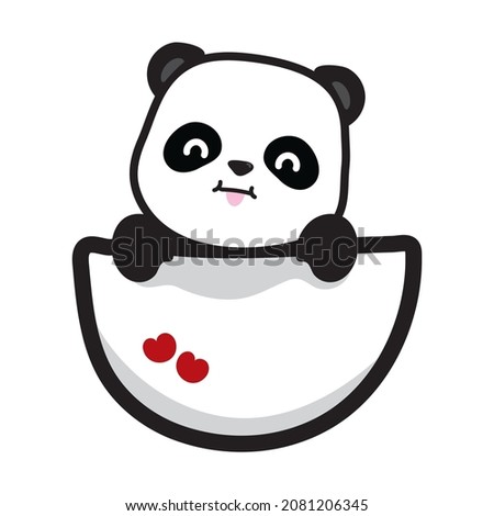 Vector a cute Panda character stay in the pocket, smiling face, cute simple cartoon of baby Panda bear on white background, small little red hearts on the pocket.