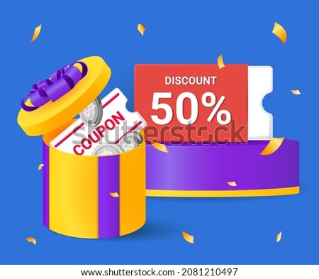 Gift box and 50% discount coupon event  illustration set. Coin, box, event, platform, 3d. Vector drawing. Hand drawn style.