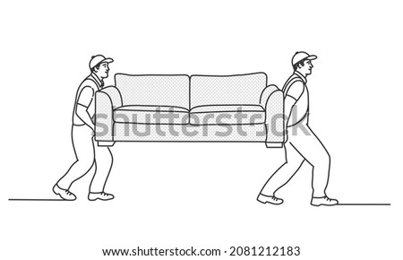 Home delivery of furniture. Workers carry a sofa. Hand drawn vector illustration. Black and white.