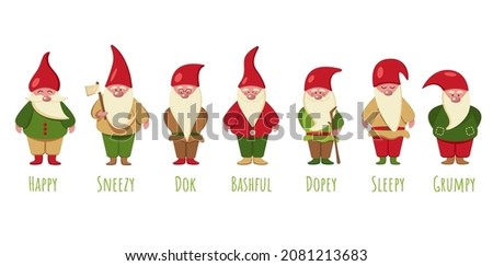 Seven gnomes from a fairy tale on a white background. Snow White and the Seven gnomes. Collection of fairy gnomes. Vector flat illustration of Christmas gnomes. EPS 10. Royalty-Free Stock Photo #2081213683
