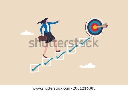 Personal development plan for career success, build specialist skill or competence to motivate and achieve business target concept, smart businesswoman walk up checklist as staircase to achieve target Royalty-Free Stock Photo #2081216383