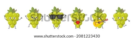Set bunch grapes greeting jumping loves sings running cute funny character cartoon smiling face happy joy emotions ripe juicy symbol wine beautiful icon vector illustration. Royalty-Free Stock Photo #2081223430