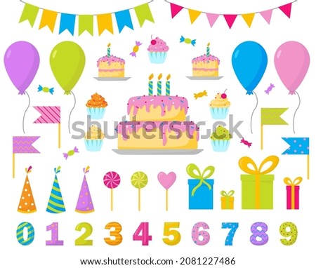Birthday party items. Colorful balloons, birthday cake, cupcakes, lollipops, gift boxes, flags, garlands, numbers. Isolated vector illustration signs set