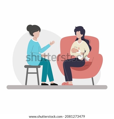 Breastfeeding consultant. Woman is sitting in chair and breastfeeding baby. Mom and infant. Interior of apartment. Royalty-Free Stock Photo #2081273479