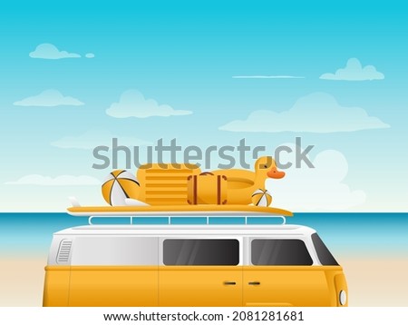 A classic car parked near the beach with bags, surfboards, balls on the roof.