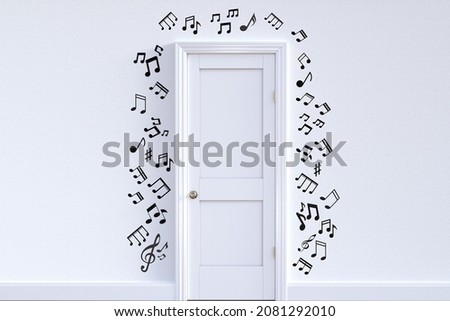 picture of big white door on a white wall with musical notes around the door, suitable for use in music media, teaching materials and advertising materials.