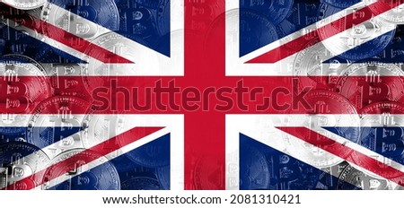 Hold the physical version of Bitcoin and the British flag. Conceptual diagram of British cryptocurrency and blockchain technology. Double exposure creative bitcoin symbol hologram.