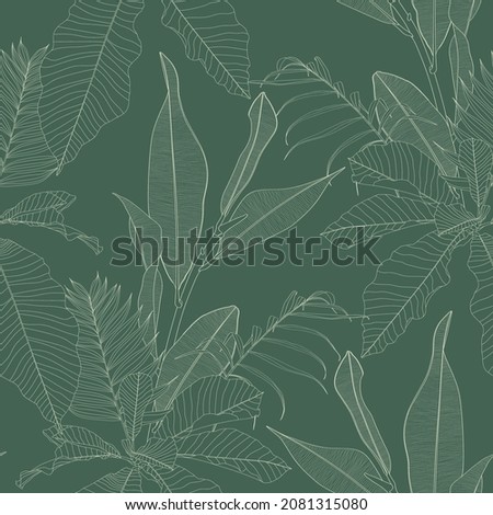 Tropical exotic floral line green palm leaves seamless pattern, line background. Exotic jungle wallpaper.	