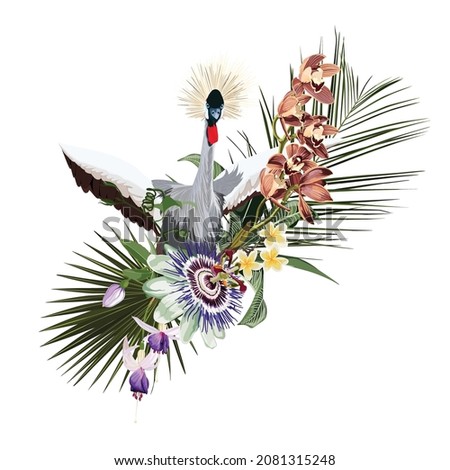 Tropical Invitation, floral invite thank you, rsvp modern card Design. Tropical bouquet with exotic Crane bird and green leaves, palms and flowers.