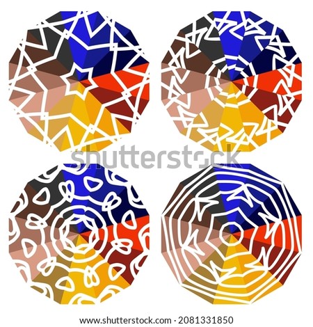 Set of Colorful Circular Rainbow Design Ornaments. For Modern Abstract Motifs. Ceramic Decoration, Batik, Carpet, Umbrella, Clothing, Fashion, Textile and Bandana. Flower and Sun Symbol Vector