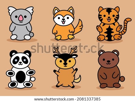 Cute Animal Set Koala, Deer, Bear, Tiger, Dog, Panda Line Art cartoon