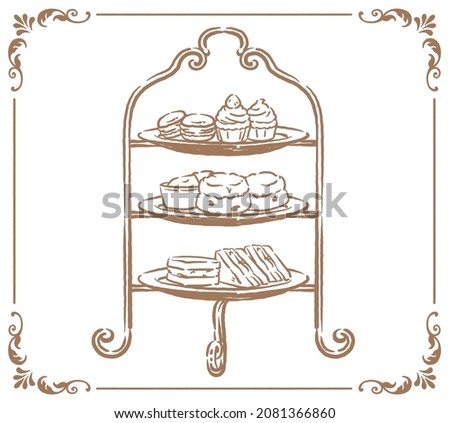 Afternoon tea stand with cakes and sandwiches. Vector illustration. Royalty-Free Stock Photo #2081366860