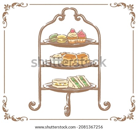 Afternoon tea stand with cakes and sandwiches. Vector illustration. Royalty-Free Stock Photo #2081367256