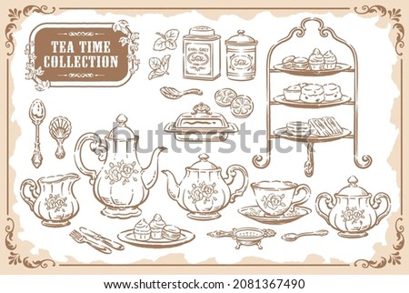 Collection of tea time objects. Vintage tools and pastries. Vector illustration. Royalty-Free Stock Photo #2081367490