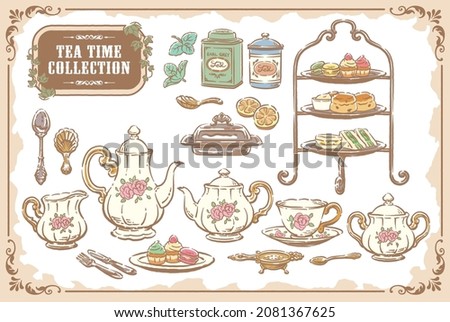 Collection of tea time objects. Vintage tools and pastries. Vector illustration. Royalty-Free Stock Photo #2081367625