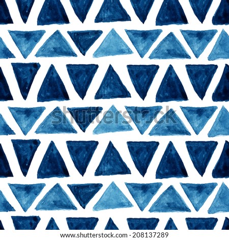 Watercolor modern pattern with blue triangles. Seamless pattern. Abstract background. Vector illustration.