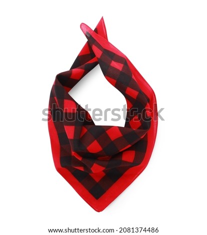 Folded red bandana with check pattern isolated on white, top view Royalty-Free Stock Photo #2081374486
