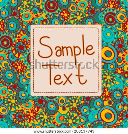 Greeting card with sample text on a seamless background with hand drawn circles, clipping mask is used, vector illustration