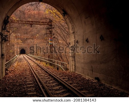 Abandoned railroad tracks in late autumn. Abandoned railway in Japan, Usui Pass, Gunma Prefecture.