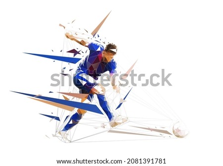 Football player kicking the ball, side view, isolated low polygonal vector illustration. Soccer, footballer