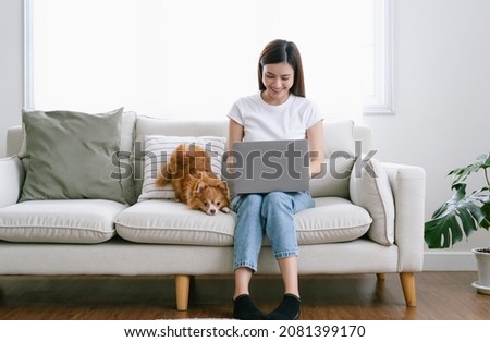 Portrait of beautiful Asian woman sitting on couch and her lovely chihuahua dog sit besides while working on laptop computer in living room at home. Work from home, New normal and Friendly Concept