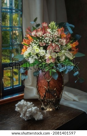 Still life with luxurious bouquet of flowers