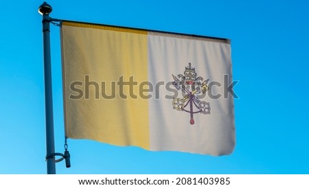 Weaving flag of the country Vatican City on a flagpole in front of blue sky with sun rays and lens flare. Diplomacy concept. International relations. Space for text.