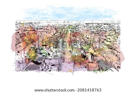 Building view with landmark of Lexington is a city in Kentucky. Watercolor splash with hand drawn sketch illustration in vector.
