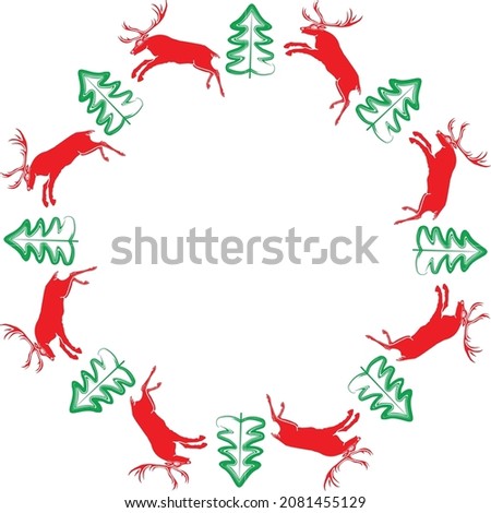 Decorative round frame from silhouettes red deers and green christmas trees