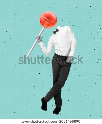 Yummy party. Contemporary art collage of man in official suit with lollipop head isolated over blue background. Sweet life. Concept of art, creativity, food, delivery service, taste and ad