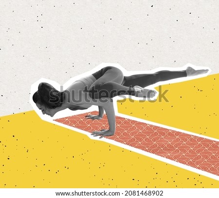 Contemporary art collage of woman standing on hands, doing yoga exercises isolated over white yellow bakground. Concept of art, creativity, healthy lifestyle, sport. Copy space for ad