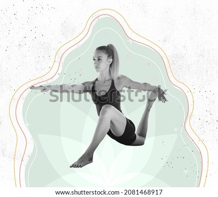 Contemporary art collage of sportive young woman practising yoga, doing body stretching exercises isolated on white background. Concept of art, creativity, healthy lifestyle, sport. Copy space for ad