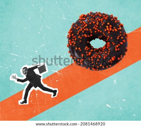 Contemporary art collage of businessman running from big chocolate donut rolling down orange line isolated over blue background. Concept of art, creativity, food, delivery service, taste and ad