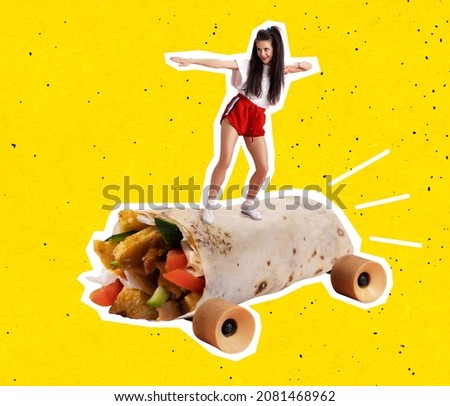 Pita bread with vegetables. Contemporary art collage of cheerful girl riding on chicken roll skate isolated over yellow background. Concept of art, creativity, food, delivery service, taste and ad Royalty-Free Stock Photo #2081468962