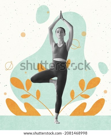 Contemporary art collage of young woman standing in tree yoga pose isolated over white background with drawn elements. Concept of art, creativity, healthy lifestyle, sport. Copy spac e for ad