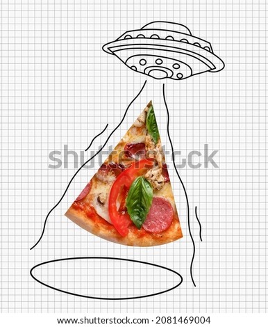 Party gathering, Friday hang out. Contemporary art collage of UFO, flying saucer with pizza slice isolated over white background. Concept of art, creativity, food, delivery service, taste and ad