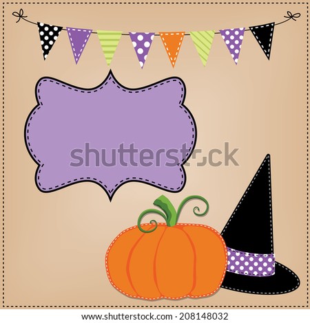 Pumpkin or jack o lantern and witches hat template or layout with bunting flags or banner, vector format