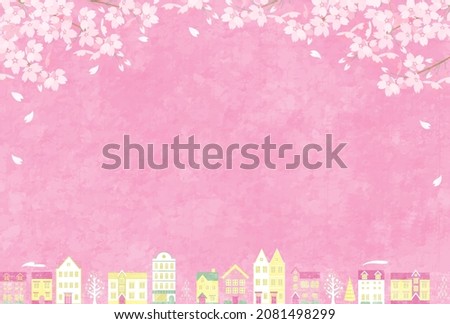 Vector illustration of spring cherry blossoms, cityscape and people