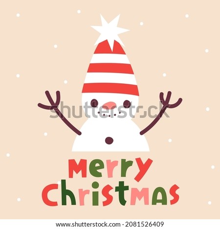 Vector Christmas card with cute snowman character. Cozy holiday illustration with cartoon flat design.