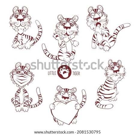 Set of cute little tiger isolated. Cute Little Tiger in Different Situations Set, Adorable Wild Animal Cartoon Character. Vector Illustration For children, decor, banner, emblem, pattern