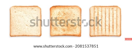 
Set of sliced roasted toasts bread isolated on white background. 
Pieces of lightly toasted white bread. Close-up of toast. Top view. 3D realistic vector set Royalty-Free Stock Photo #2081537851