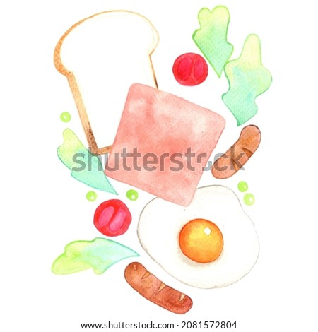 Bread, ham ,sausage ,fried egg and vegetable watercolor illustration for decoration on breakfast concept.