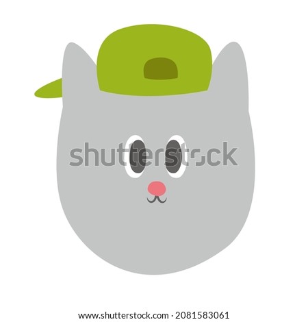 Cat face in green cap. Funny pet in doodle flat style