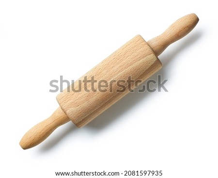 wooden rolling pin isolated on white background, top view Royalty-Free Stock Photo #2081597935