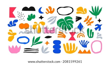 Colorful organic shape doodle collection. Funny basic shapes, random childish doodle cutouts of tropical leaf, hand and decorative abstract art on isolated background. Royalty-Free Stock Photo #2081599261