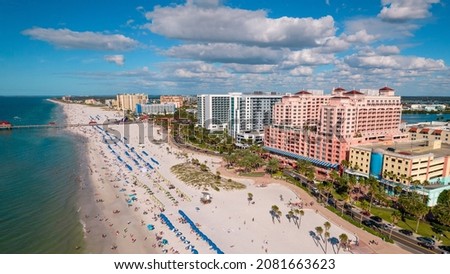 Clearwater Beach Florida. Panorama of City. Summer vacations. Beautiful View on Hotels and Resorts on Island. Blue color of Ocean water. American Coast or shore Gulf of Mexico. Aerial photography
