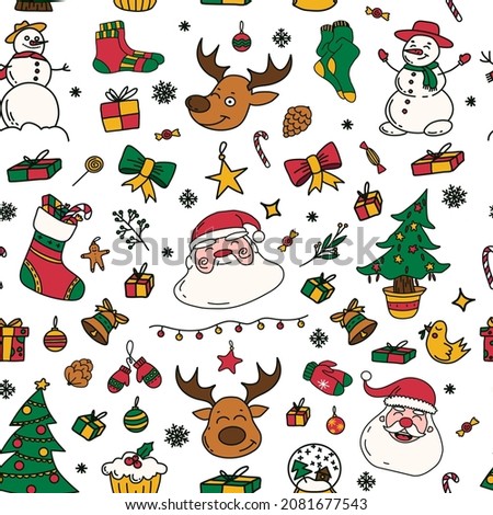 new year drawings icons, large set of festive clip-art graphics. Christmas seamless pattern.