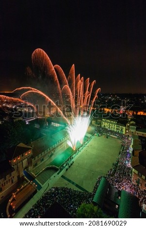 Fireworks at the castle seen from the bell tower of the parish church, Galliate, Novara, Piedmont, Italy