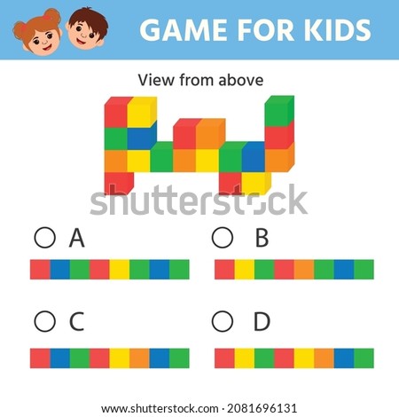 Education logic game for preschool kids. Kids activity sheet. What a top view does the tower of cubes have. Children funny riddle entertainment. Vector illustration
